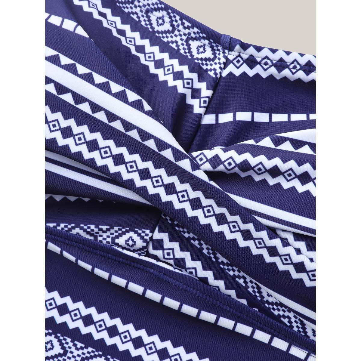 Plus Size Geometric Stripe Twist Front Swim Top Women's Swimwear Indigo Beach Twist High stretch Skinny Non Curve Swim Tops BloomChic 28/5X Product Image