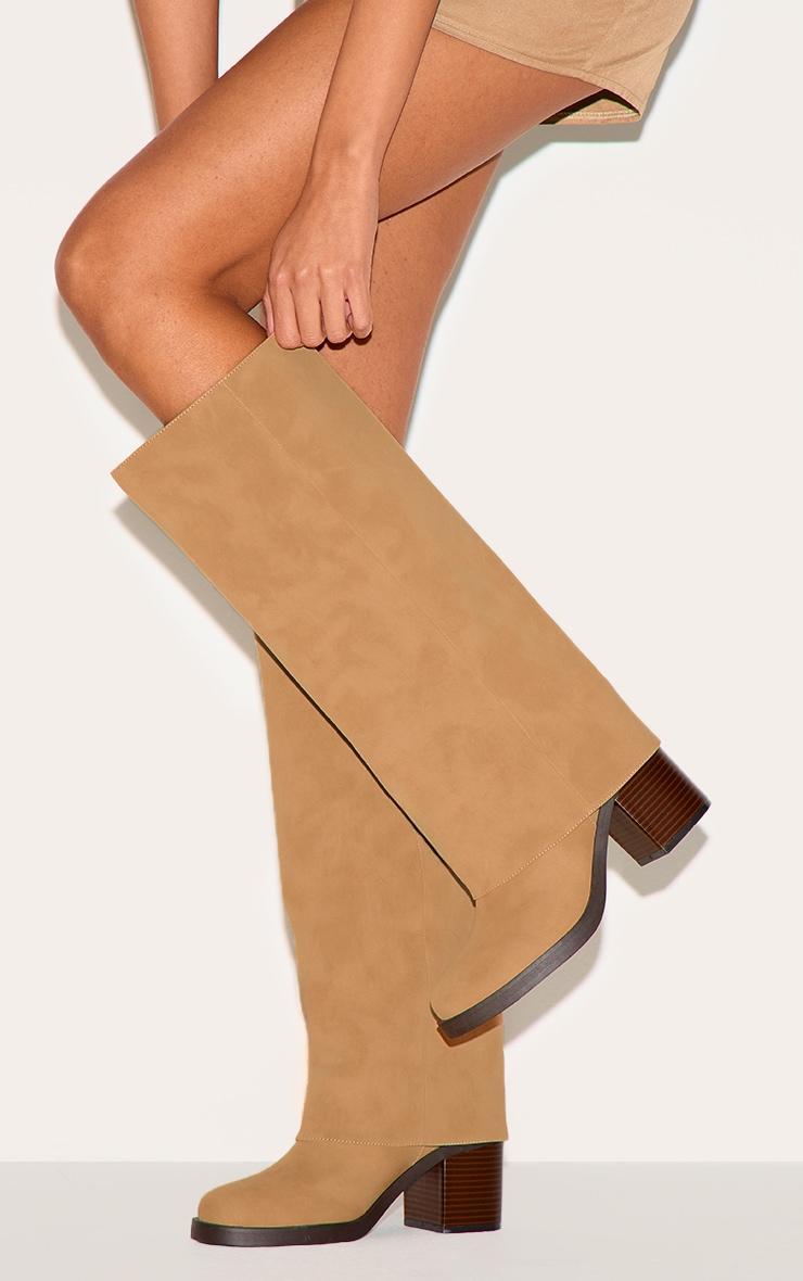 Camel Faux Nubuck Round Toe Fold Over Low Block Heel Boots Product Image
