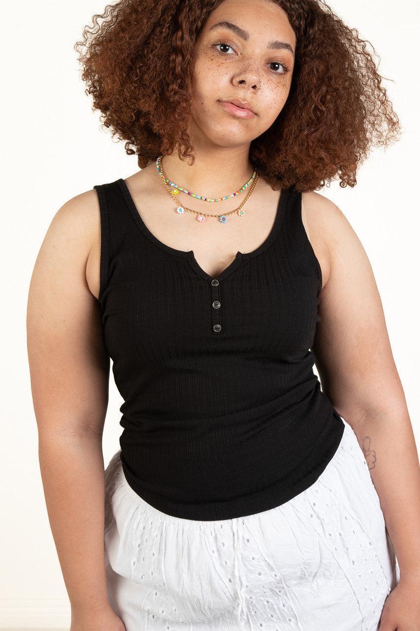 Extended Sizes Black Notch Henley Tank Product Image