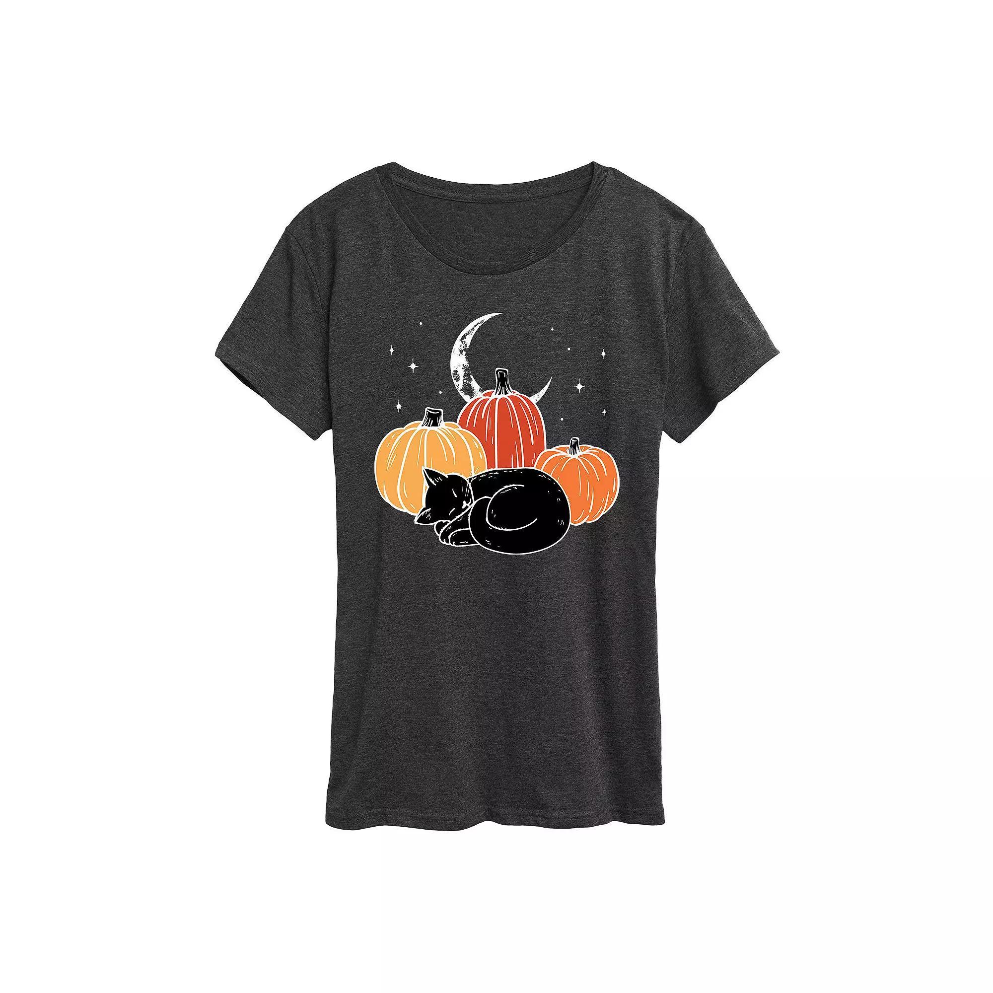 Women's Black Cat Pumpkin Nap Halloween Tee, Girl's,  Product Image