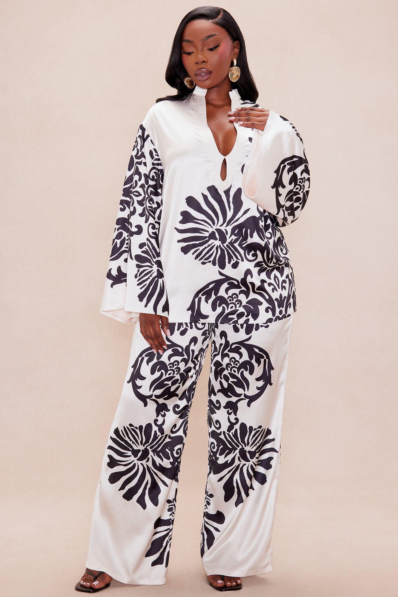 Abina Satin Wide Leg Pant Set - Cream/combo Female Product Image