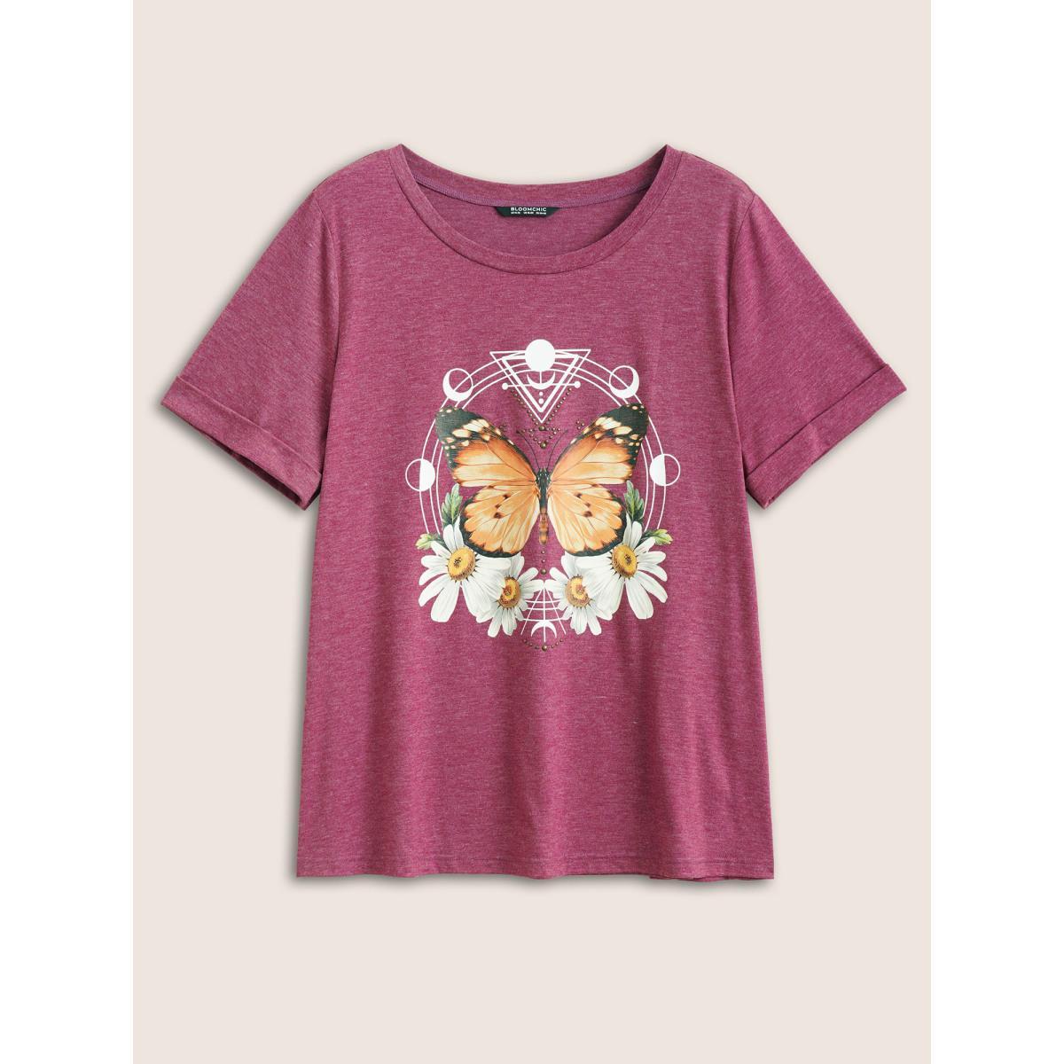Plus Size Natural Flowers & Butterfly Print Rhinestone T-shirt Burgundy Women Casual Rhinestone detailing Animals Everyday T-shirts BloomChic 10/M Product Image