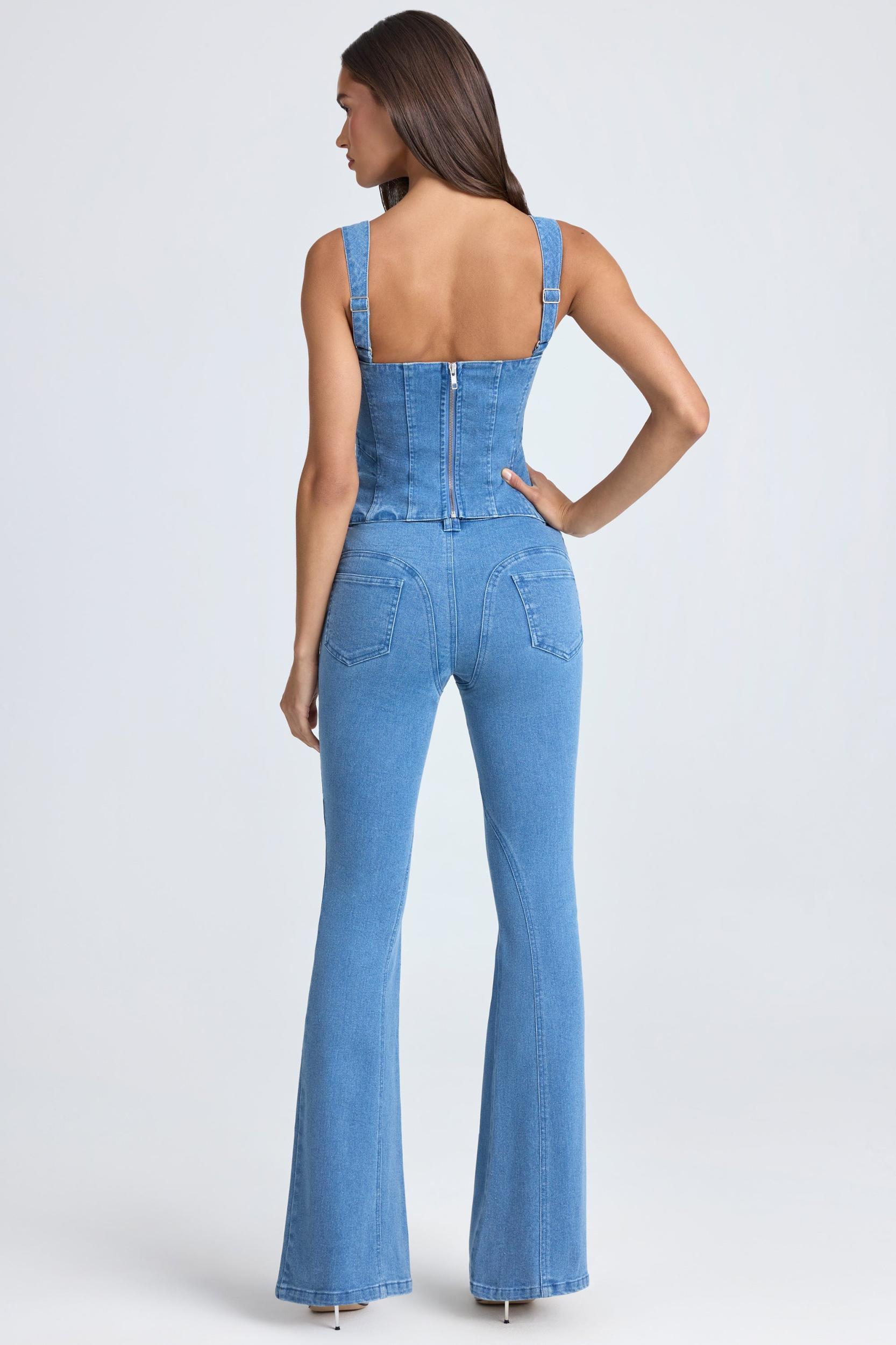 Lace-Up Corset Top in Mid Blue Stonewash Product Image