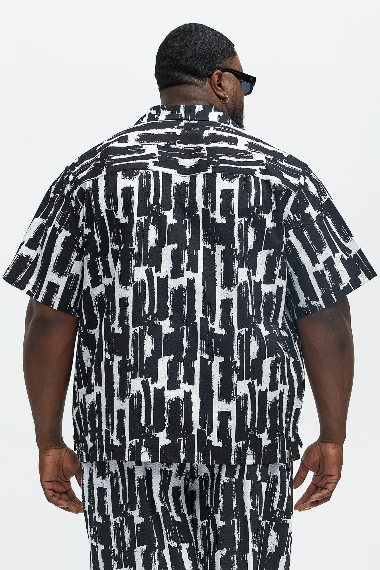 Seersucker Printed Short Sleeve Cuban Collar Shirt - Black/combo Product Image