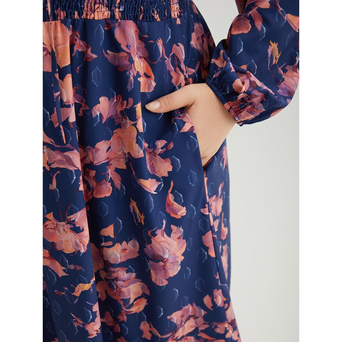 Plus Size Floral Print Shirred Frill Trim Ties Dress DarkBlue Women Elegant Elastic cuffs Tie Neck Long Sleeve Curvy Midi Dress BloomChic 10/M Product Image