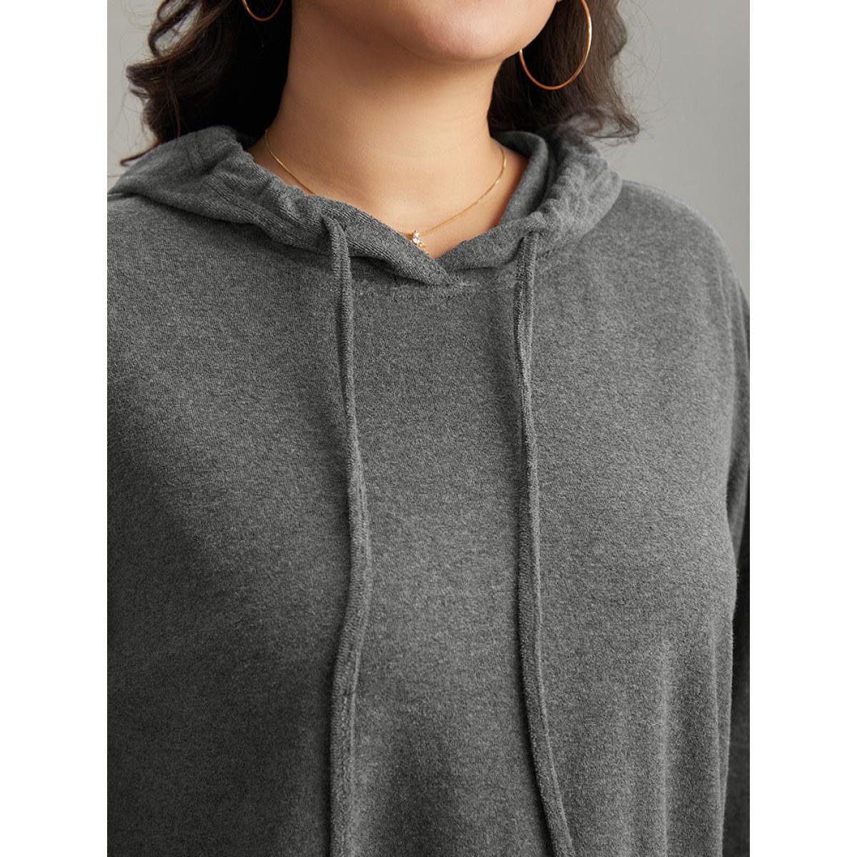 Plus Size Plain Split Side Pocket Hooded Drawstring Sweatshirt Women Gray Casual Plain Hooded Everyday Sweatshirts BloomChic 10/M Product Image