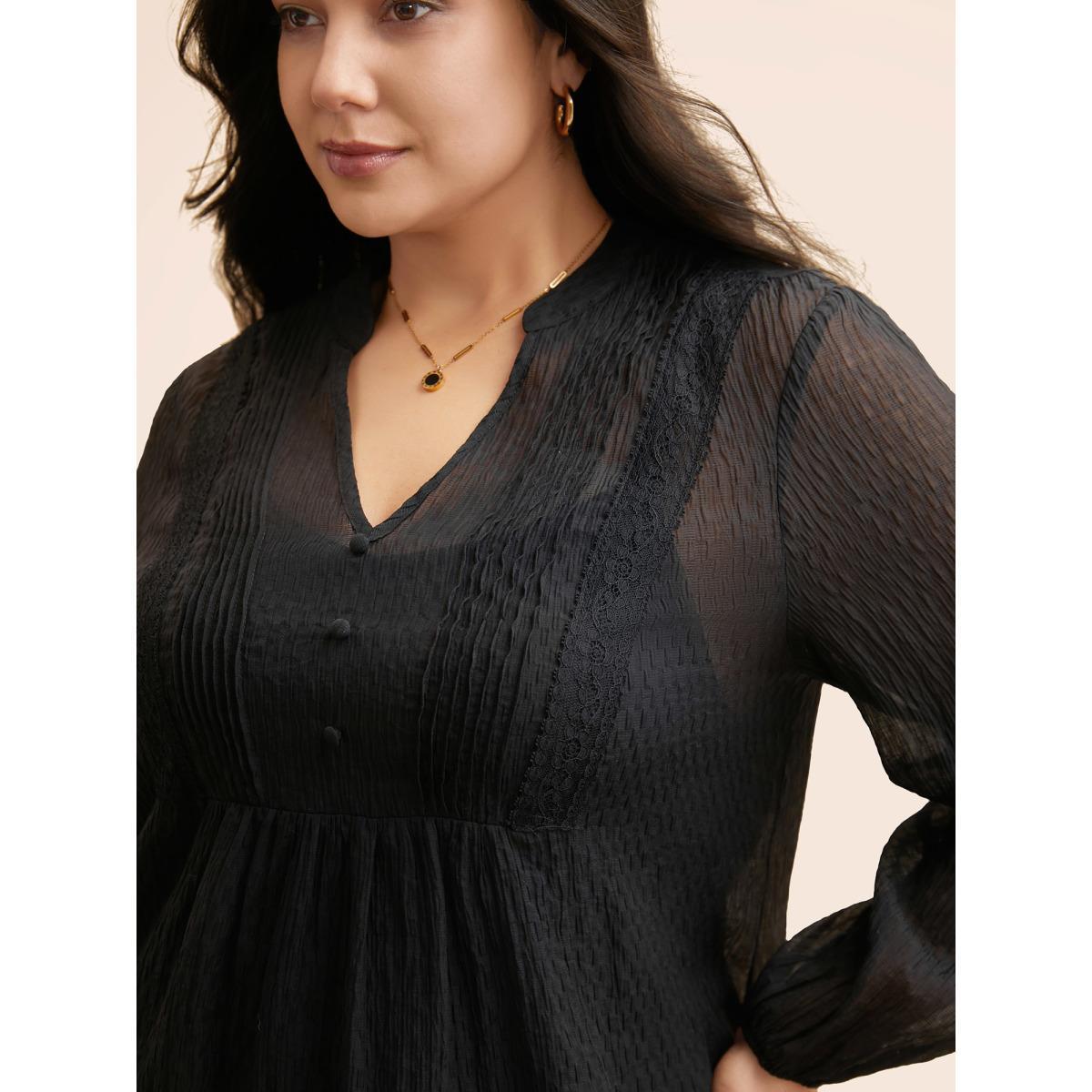 Plus Size Black Textured Lace Panel Pleated Blouse Women Elegant Long Sleeve V-neck Everyday Blouses BloomChic 26/4X Product Image