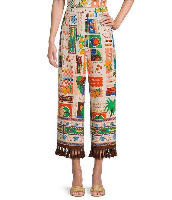 Sugarlips Coordinating Postcard Print High Waisted Wide-Leg Tassel Hem Pants Product Image