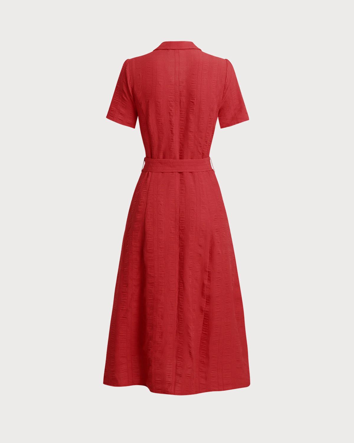 Red Belted A-Line Midi Dress Product Image