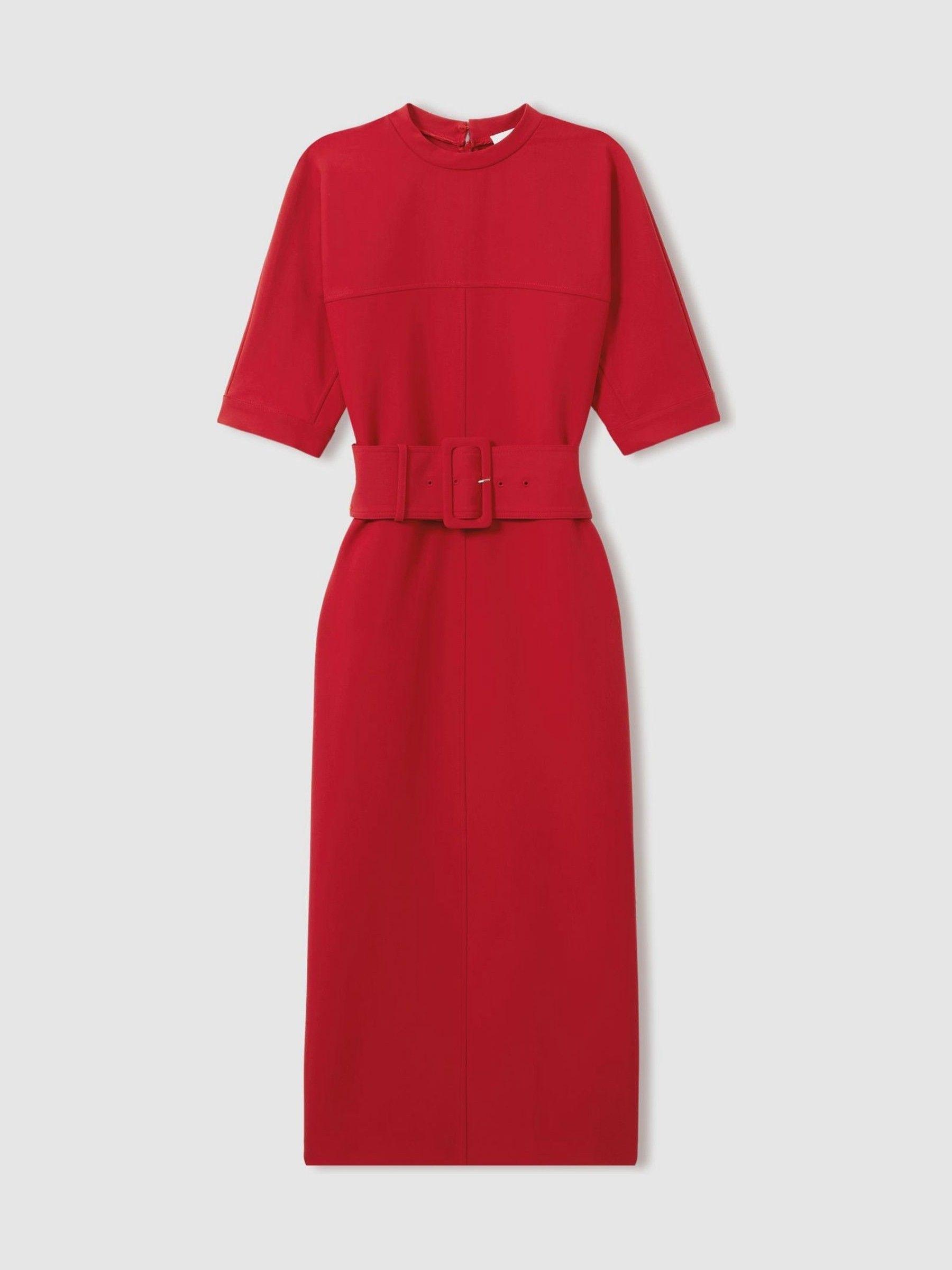Belted Midi Dress in Red Product Image