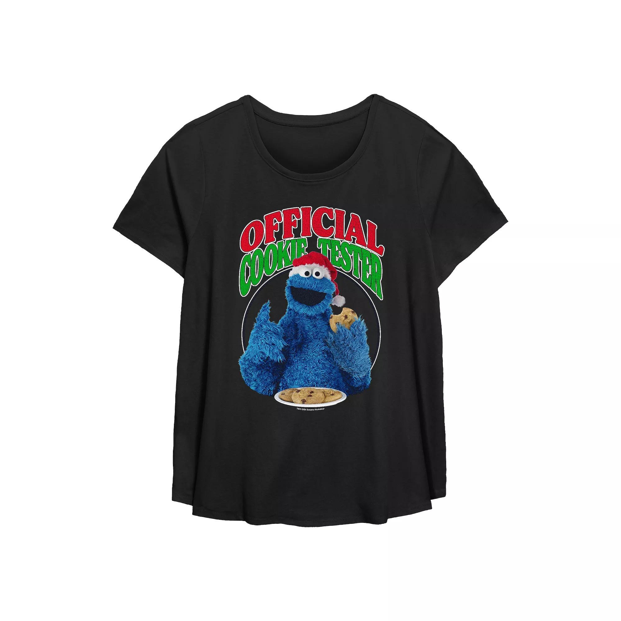 Plus Size PBS Kids Sesame Street Cookie Monster Official Christmas Cookie Tester Flowy Graphic Tee, Women's, Size: 1XL, Black Product Image