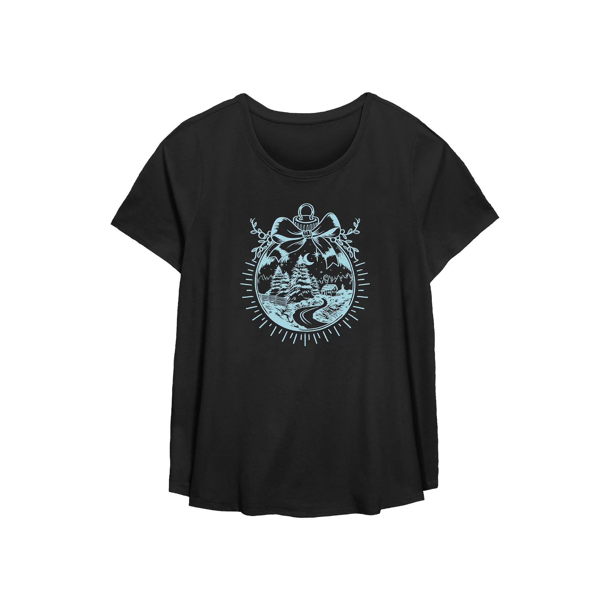 Plus Size Christmas Scene Ornament Flowy Graphic Tee, Women's, Size: 0X, Black Product Image