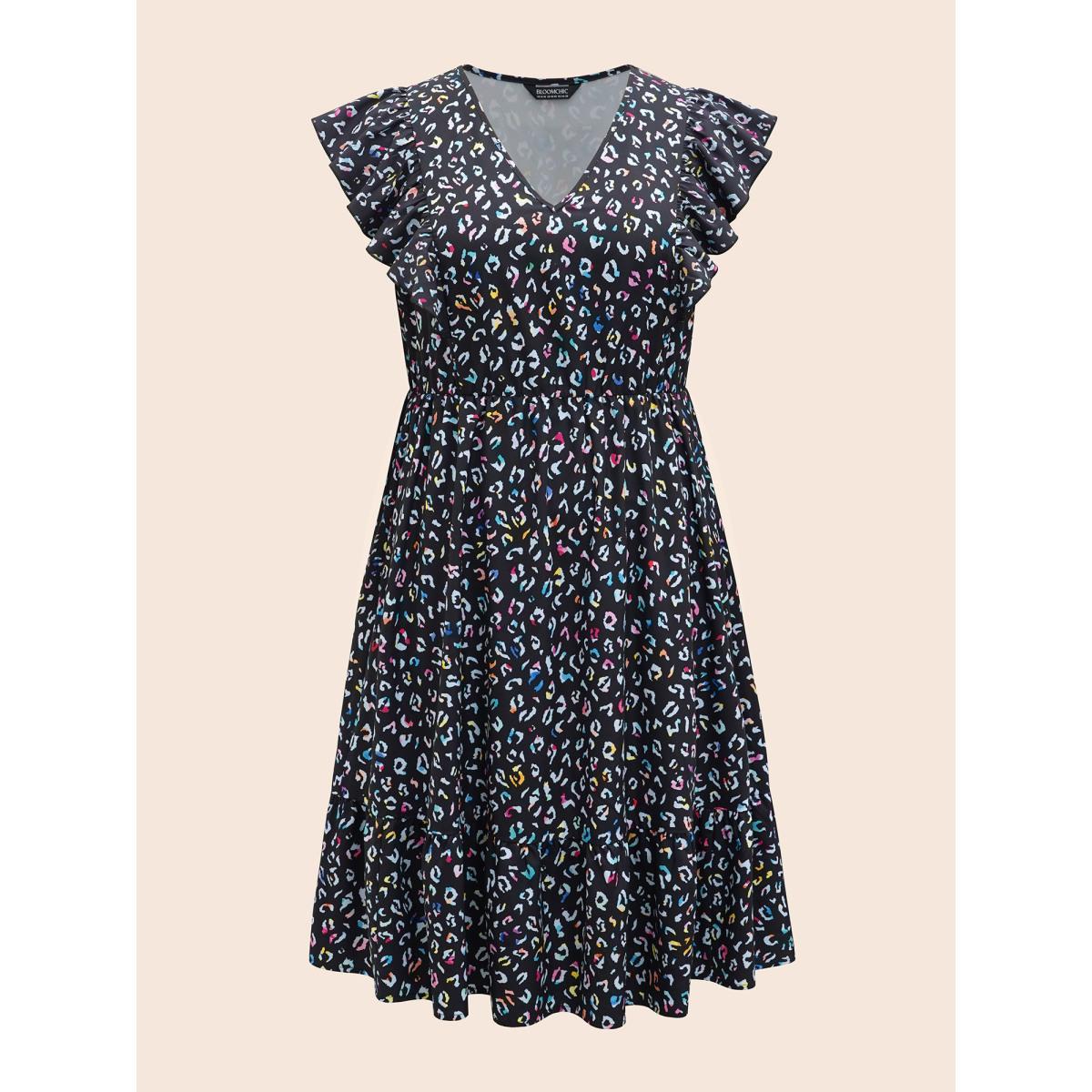 Plus Size Multi-color Leopard Print Elastic Waist Midi Dress Black Women Elegant Ruffles V-neck Cap Sleeve Curvy BloomChic 22-24/3X Product Image