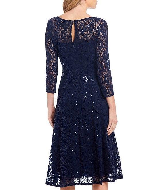 Ignite Evenings Sequin Lace Round Neck 3/4 Sleeve Midi Dress Product Image