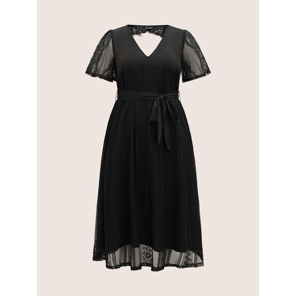 Plus Size Crochet Lace Mesh Backless Maxi Dress Black Women Formal Woven ribbon&lace trim V-neck Short sleeve Curvy BloomChic 22-24/3X Product Image