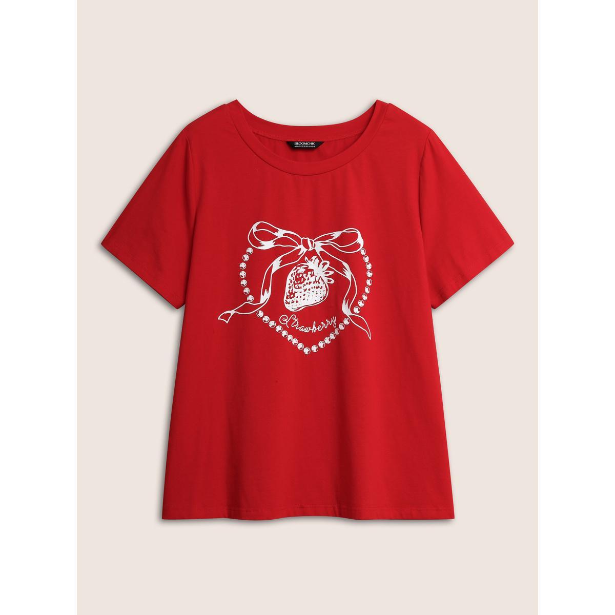 Plus Size Crew Neck Strawberry Print T-shirt Brightred Women Casual Contrast Fruit Round Neck Everyday T-shirts BloomChic 30/6X Product Image