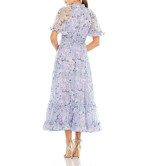 Mac Duggal Ruffle Mock Neck Short Flutter Sleeves Floral Printed Chiffon Flounce Hem A-Line Midi Dress Product Image