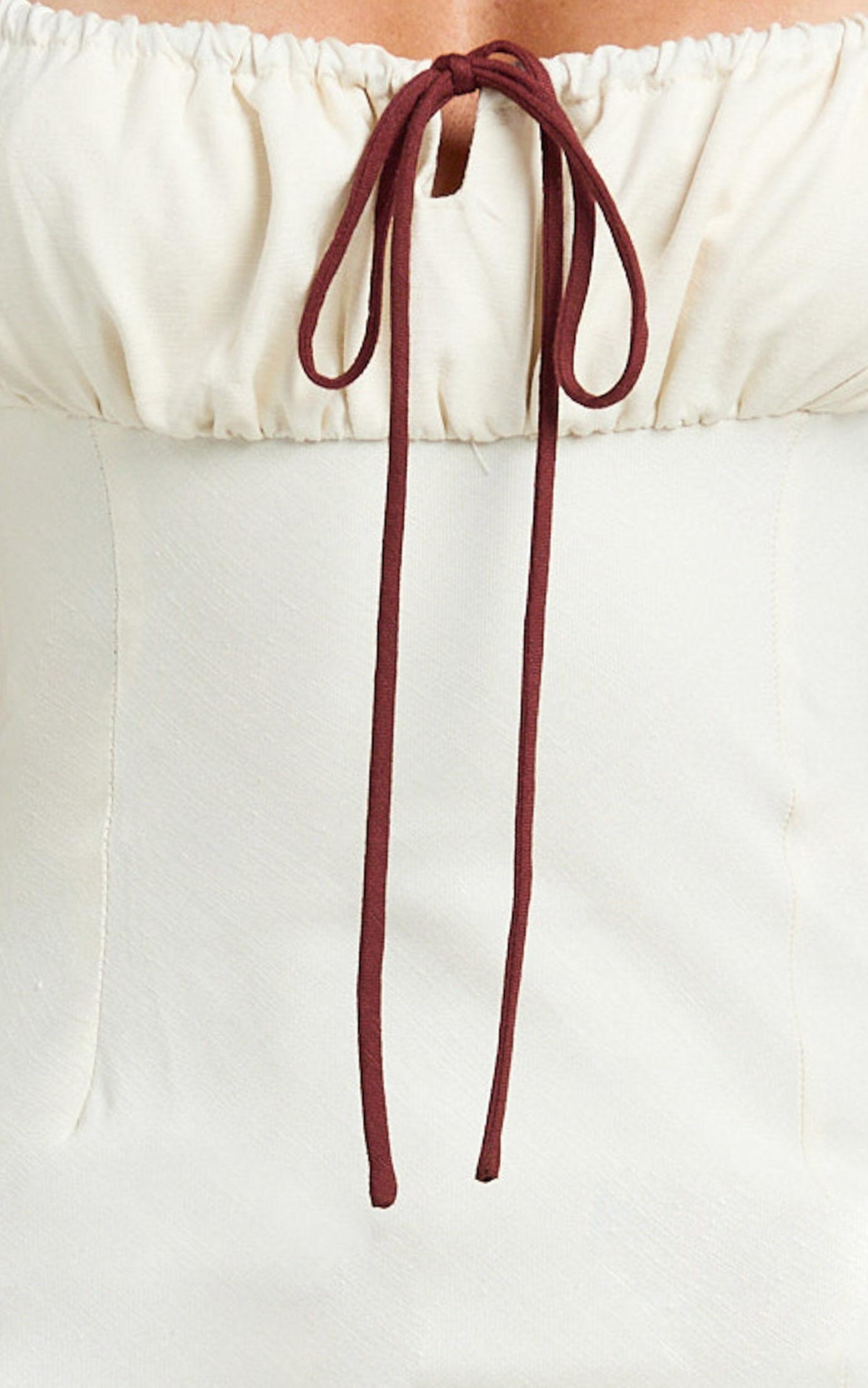 Gwen Midi Linen Blend Dress - Strapped Ruched Bodice Bias Dress in Cream Product Image