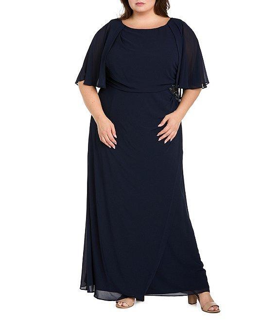 R & M Richards Plus Size Souffle Crepe Chiffon Crew Neck Short Sleeve Capelet Ruched Waist With Flower Detail Sheath Dress Product Image