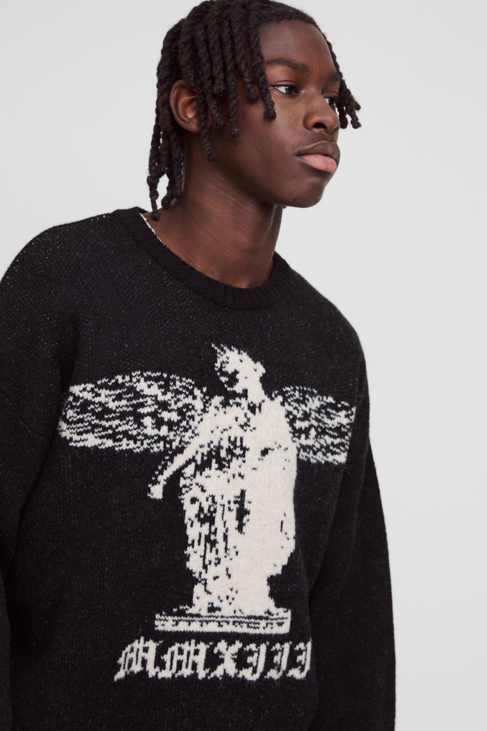 Oversized Boxy Brushed Gothic Graphic Knitted Sweater | boohooMAN USA Product Image