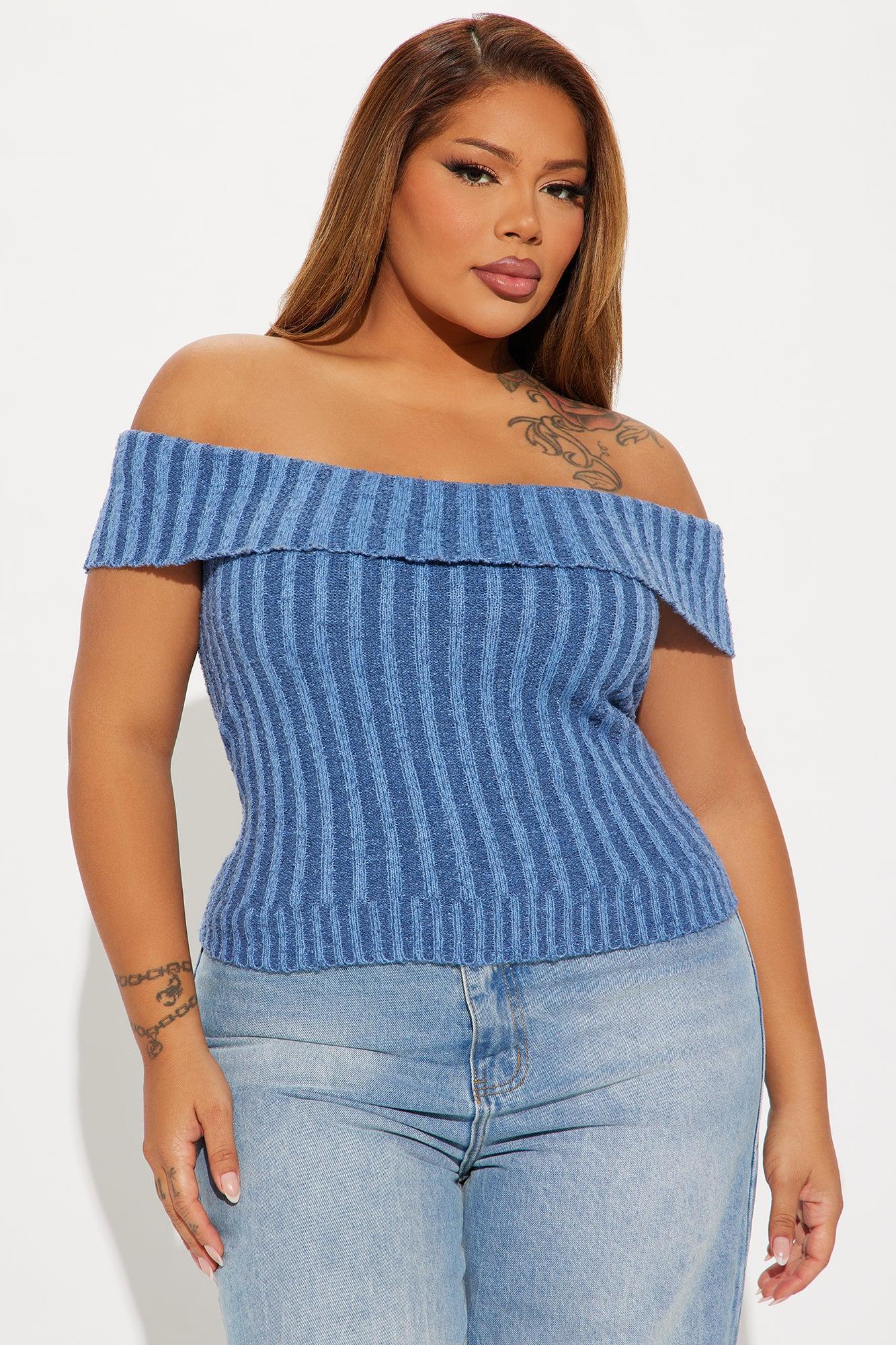 Over Night Off Shoulder Sweater Top - Blue Product Image
