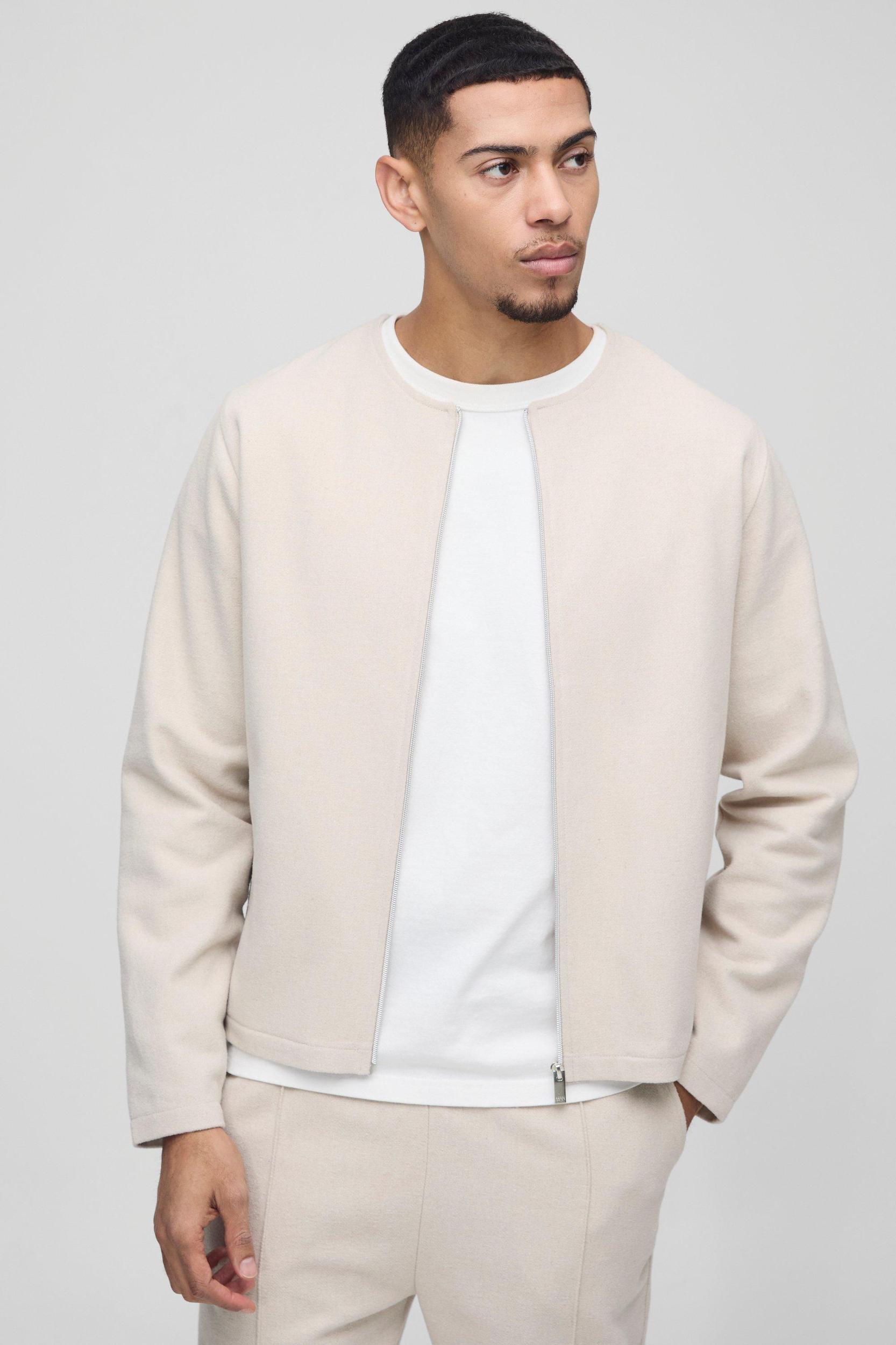 Regular Brushed Zip Through Collarless Jacket | boohooMAN USA Product Image