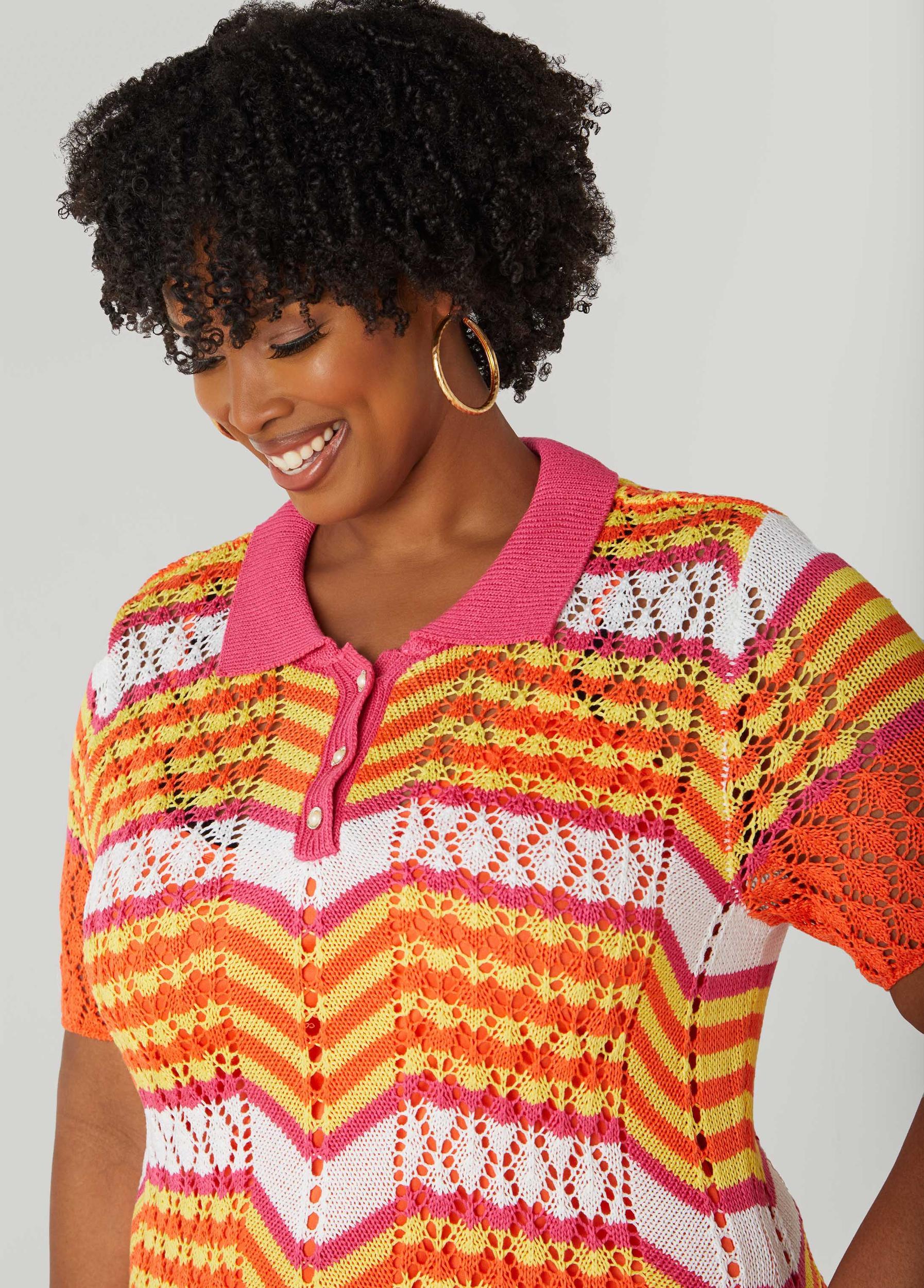 Plus Size Striped Pointelle Knit Polo Dress Ashley Stewart Product Image