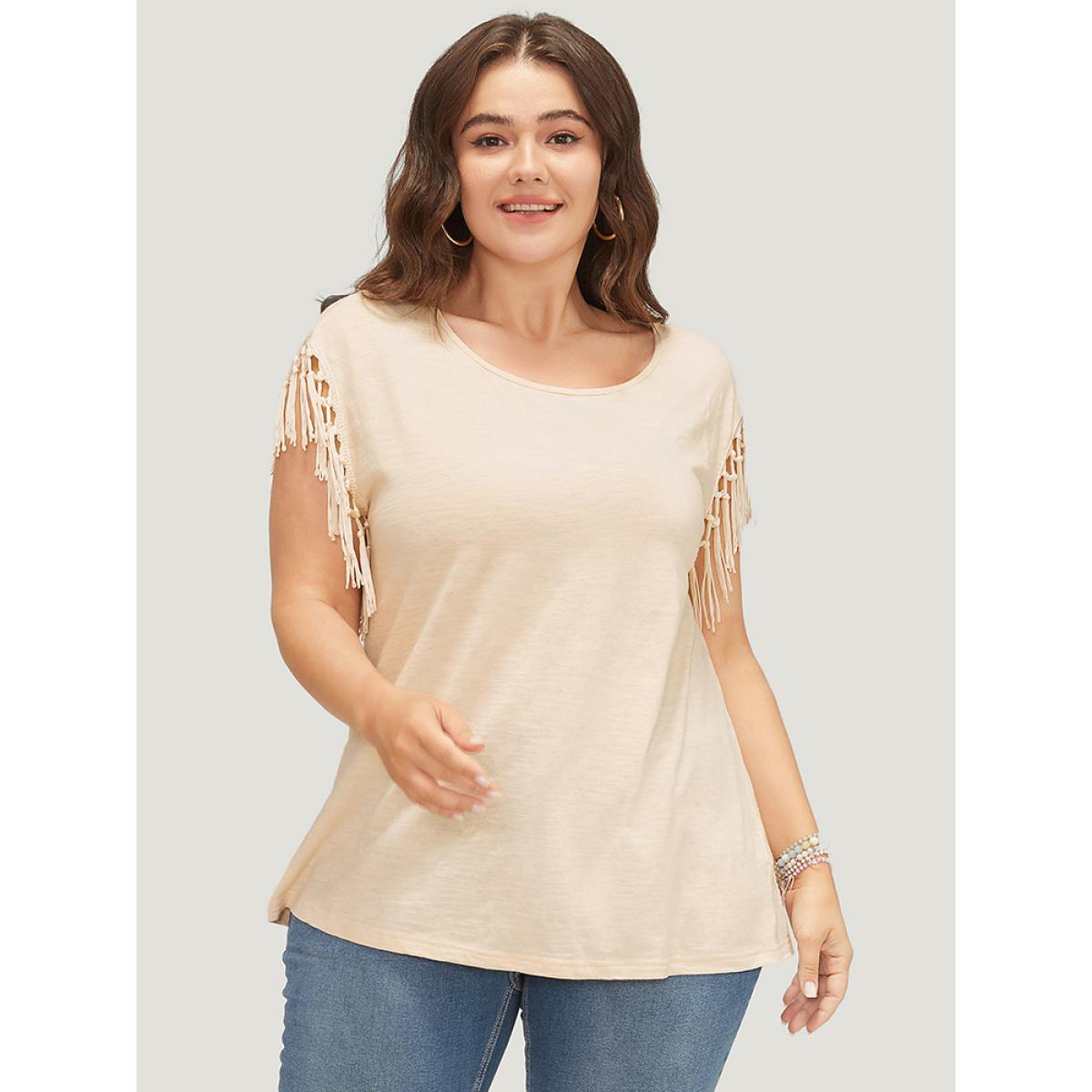 Plus Size Solid Fringe Trim Batwing Sleeve T-shirt Beige Women Elegant Tassels Plain Round Neck Dailywear T-shirts BloomChic 22-24/3X Product Image