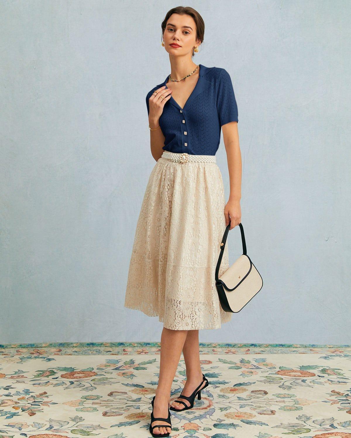 The Navy Collared Pointelle Knit Top Product Image