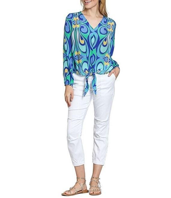 APNY Woven Abstract Print V-Neck Long Sleeve Tie Front Top Product Image