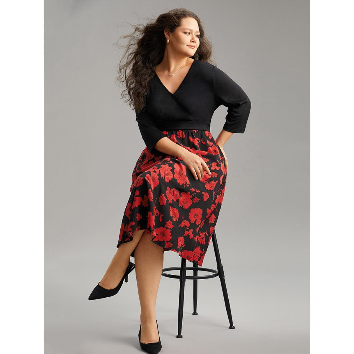 Plus Size Silhouette Floral Print Patchwork Surplice Neck Dress Black Women Elegant Wrap Overlap Collar Elbow-length sleeve Curvy Midi Dress BloomChic 26/4X Product Image