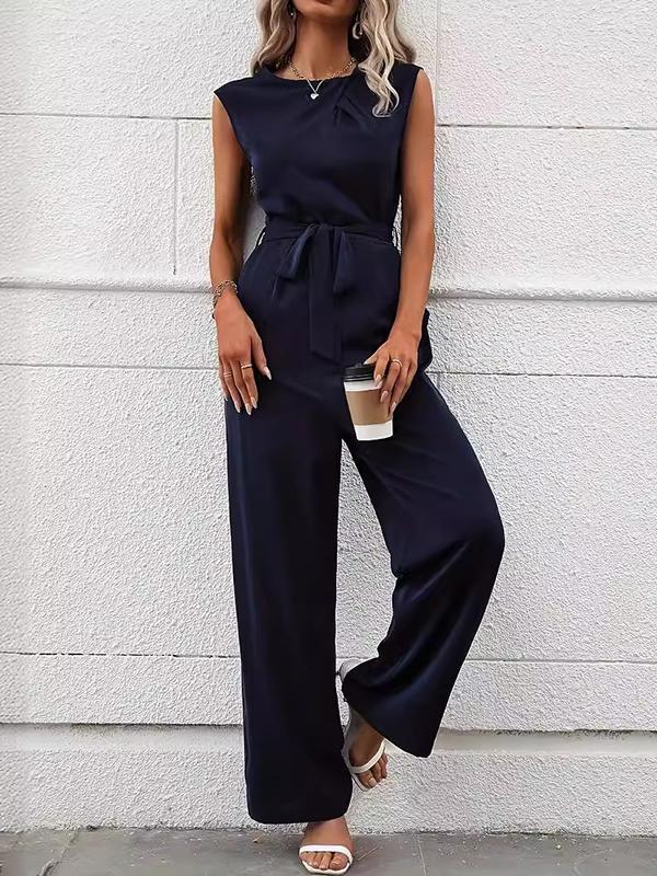 Loose Sleeveless Solid Color Split-Joint Tied Waist Round-Neck Jumpsuits Product Image
