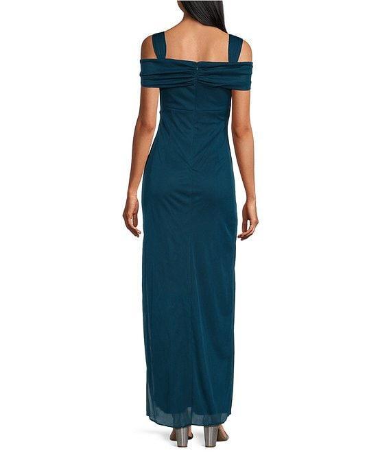 Alex Evenings Exposed Shoulder Draped Neck Cap Sleeve Ruched Waterfall Hem Mesh Gown Product Image