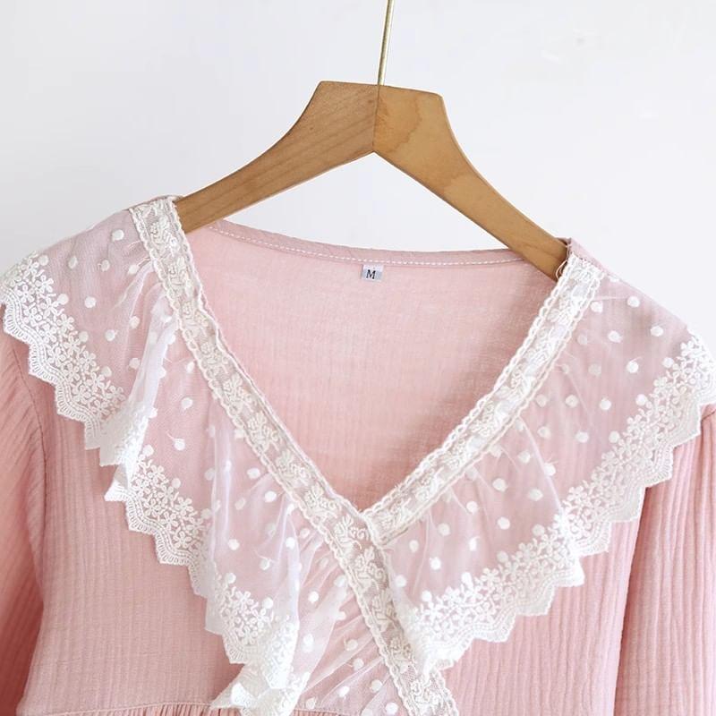 Long-Sleeve V-Neck Lace Trim Pajama Dress Product Image