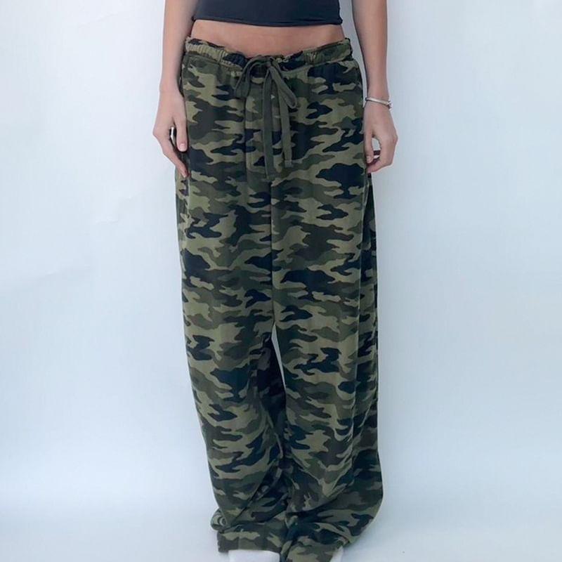 Mid Rise Drawstring Camouflage Wide Leg Pants Product Image