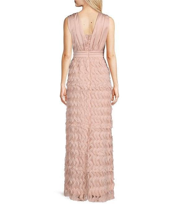 JS Collections Satin Ruffle Mesh V Neck Sleeveless Gown Product Image