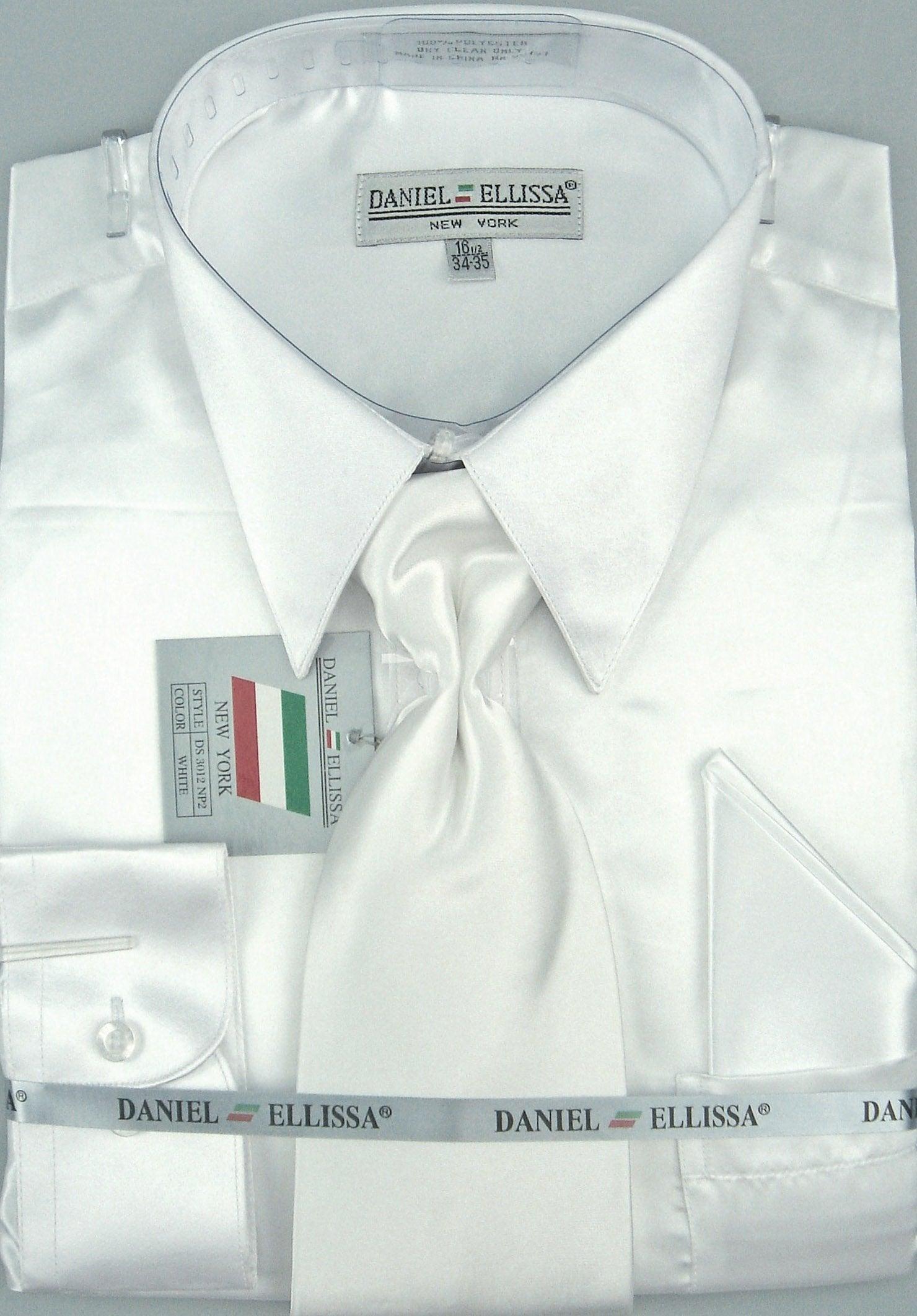 Satin Dress Shirt Convertible Cuff Regular Fit in White With Tie And Pocket Square Product Image