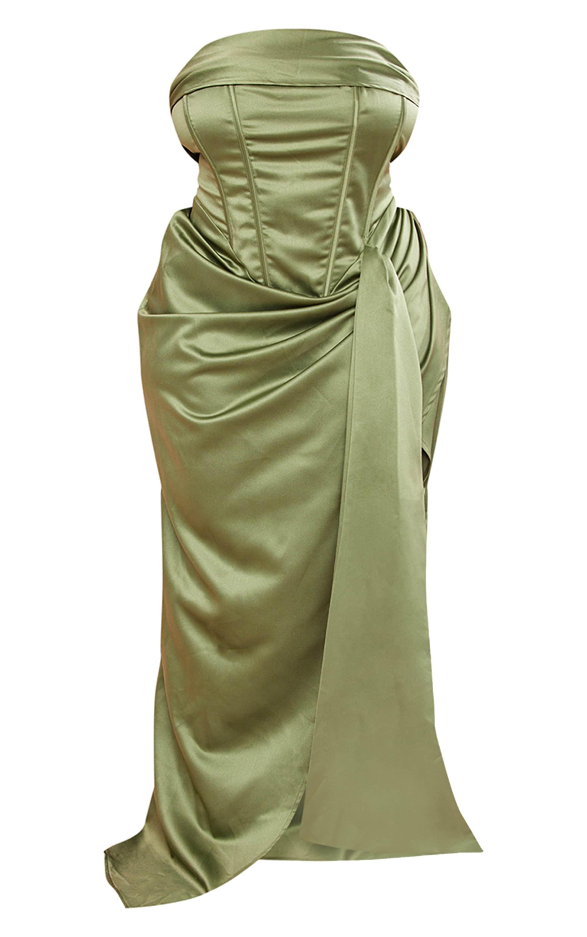 Plus Khaki Satin Draped Bandeau Corset Maxi Dress Product Image