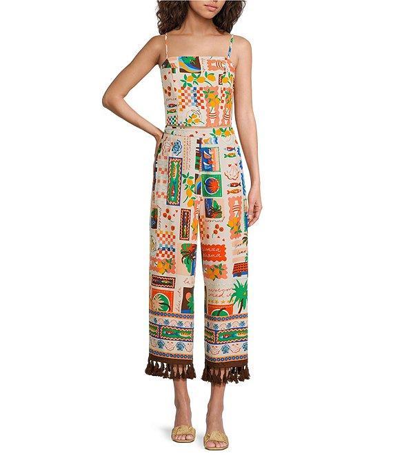 Sugarlips Coordinating Postcard Print High Waisted Wide-Leg Tassel Hem Pants Product Image