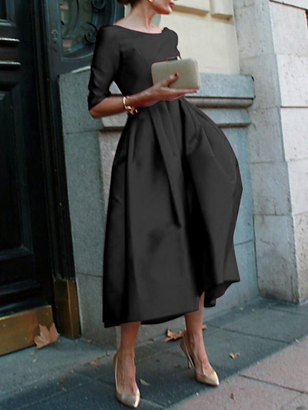 A-Line Loose Pleated Pockets Solid Color Split-Joint Round-Neck Midi Dresses Product Image