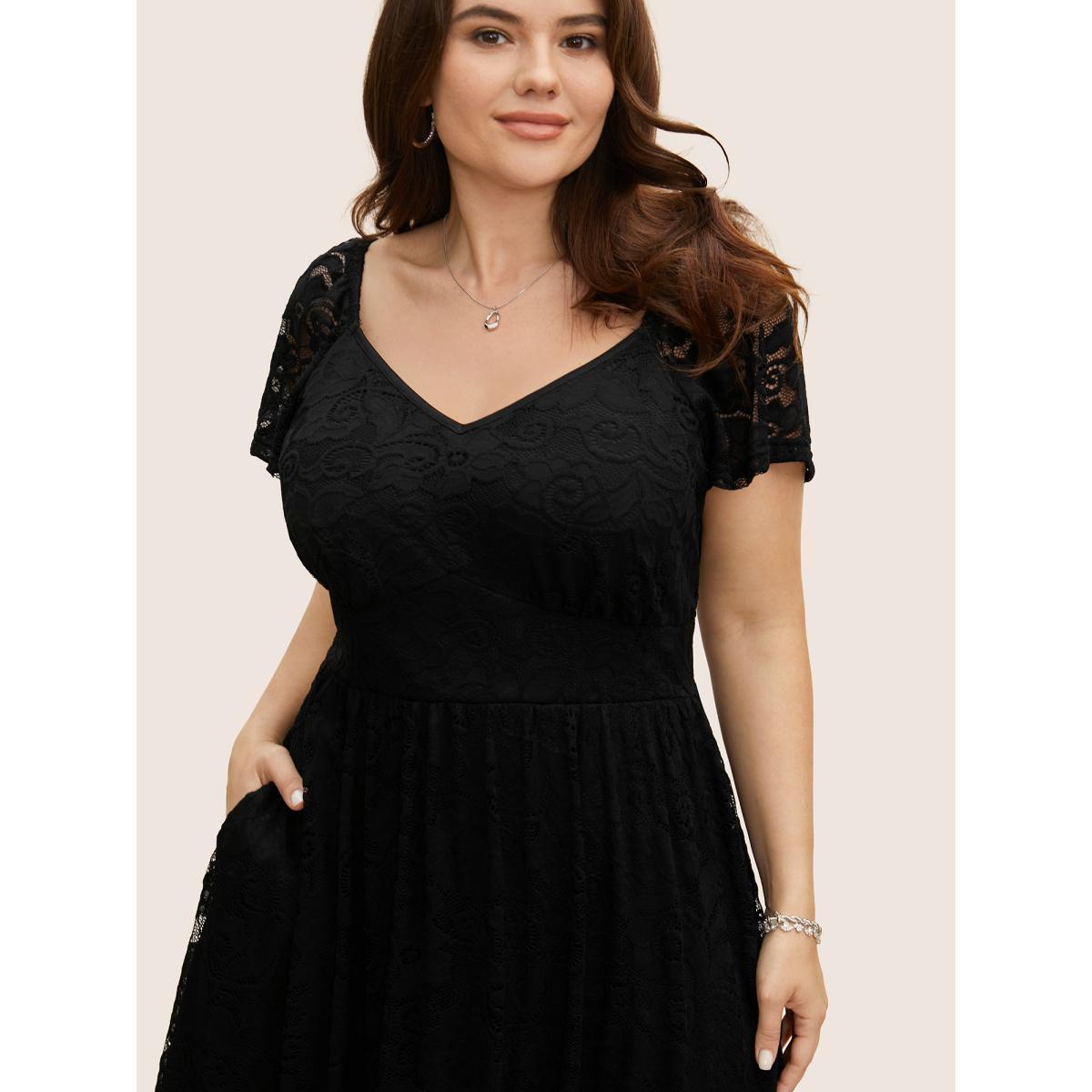 Plus Size Heart Neckline Crochet Lace Mesh Flutter Sleeve Dress Black Women Elegant Woven ribbon&lace trim Heart neckline Cap Sleeve Curvy BloomChic 14-16/1X Product Image