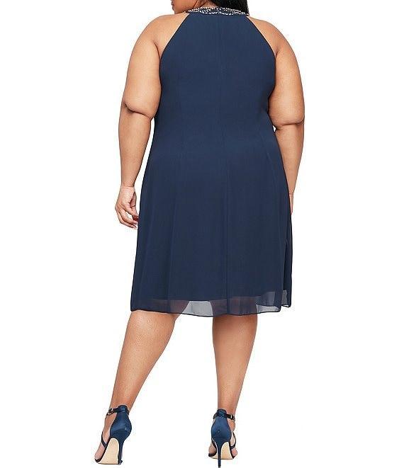 Ignite Evenings Plus Size Braid Bead Halter Neck Sleeveless Ruffle Chiffon Dress Product Image