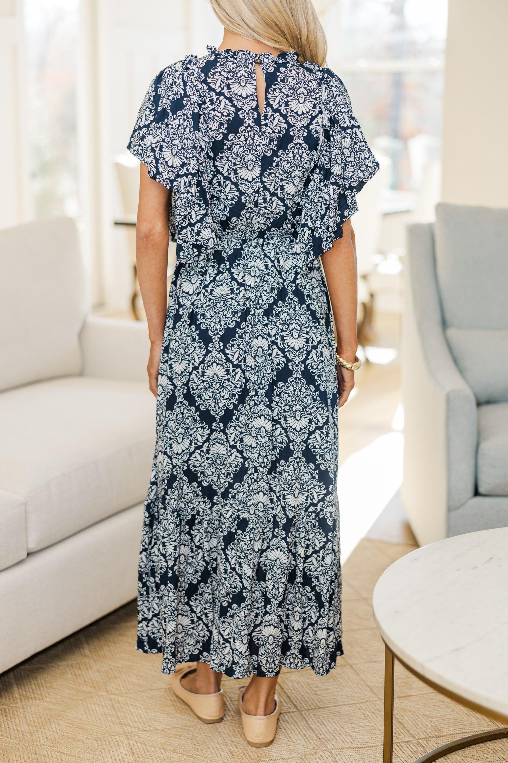 NURSING COLLECTION: All The Good Navy Damask Ruffled Midi Dress Female Product Image