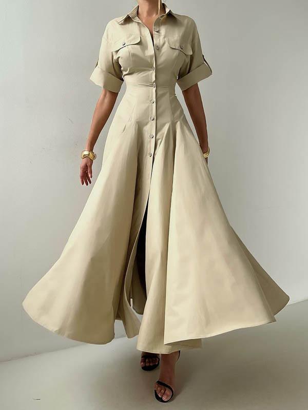 Short Sleeves Buttoned Solid Color Lapel Maxi Dresses Shirt Dress Product Image