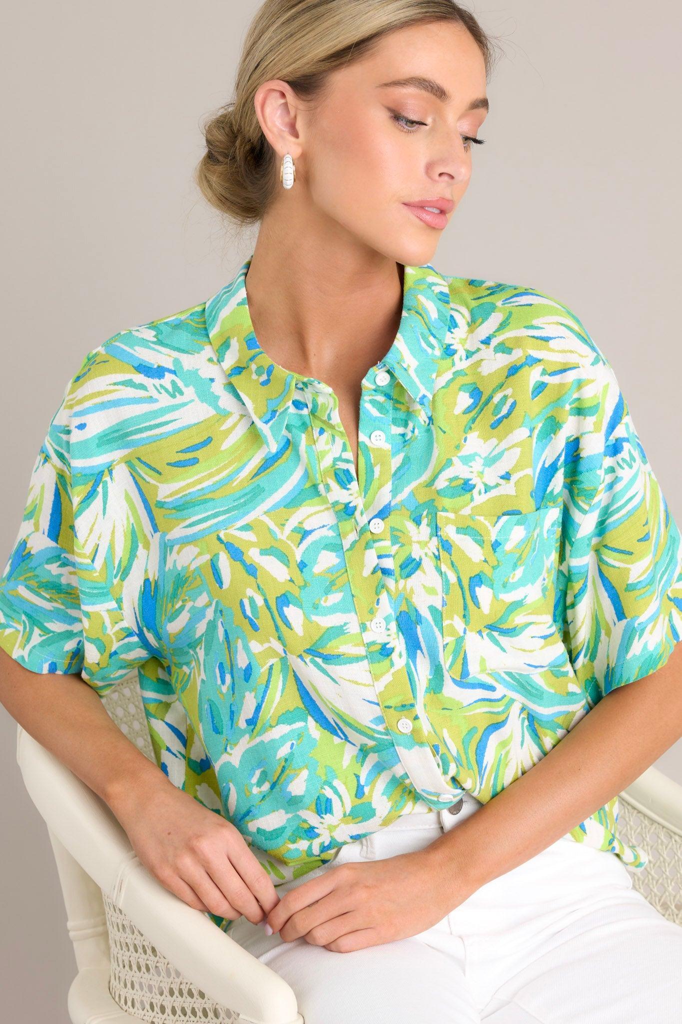 Seaside Escape Teal Tropical Print Button Front Top Product Image