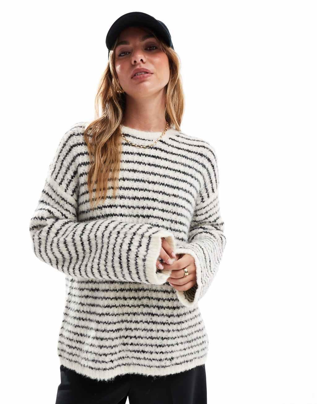 4th & Reckless wool mix textured wide sleeve crew neck sweater in cream and black stripe Product Image