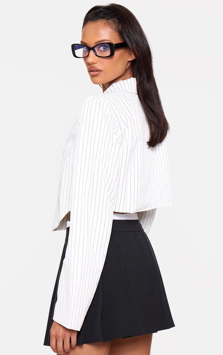 White Pinstripe Curved Hem Cropped Blazer Product Image