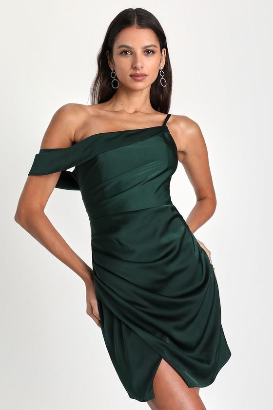 Magnificent Magic Emerald Green Satin Asymmetrical Mini Dress Product Image