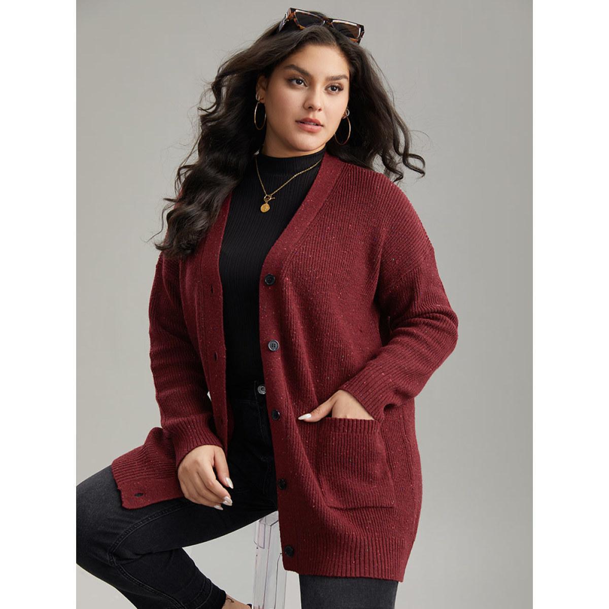 Plus Size Plisse Plain Button Fly Patched Pocket Cardigan Scarlet Women Casual Loose Long Sleeve Everyday Cardigans BloomChic 26/4X Product Image