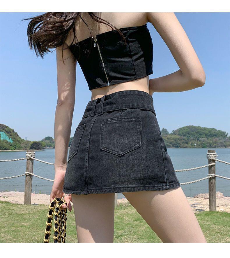 Mid Rise Belted Washed Denim Skort Product Image